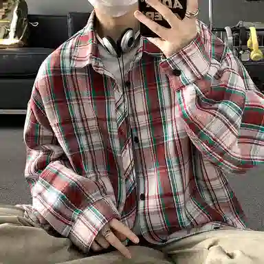 顶峰保罗 美式复古撞色格子宽松休闲衬衣外套春秋穿搭情侣款通勤潮流百搭高级感翻领衬衫 男女同款