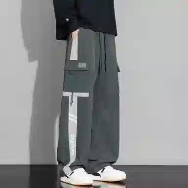 顶峰保罗 美式潮牌条纹拼接工装大口袋伞兵裤无性别主义宽松加肥加大直筒运动长裤简约百搭弹力抽绳显高显瘦高街阔腿垂感休闲裤 男女同款