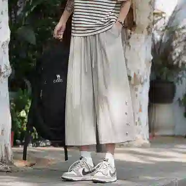 顶峰保罗 新中式纯棉薄款宽松阔腿国潮无性别主义纯色潮牌盘扣七分裤弹力抽绳显高直筒大码休闲短裤 男女同款