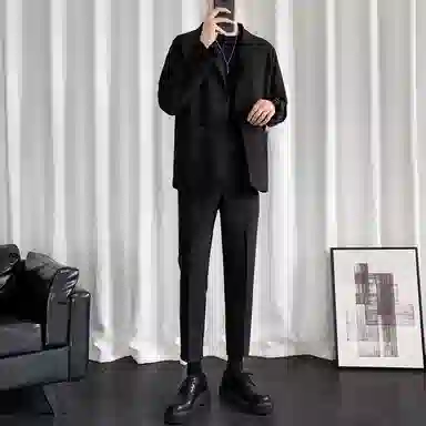 顶峰保罗 冰丝纯色通勤极简风西服外套内搭九分裤一整套宽松大码百搭简约时尚垂感英伦休闲西装套装 男女同款