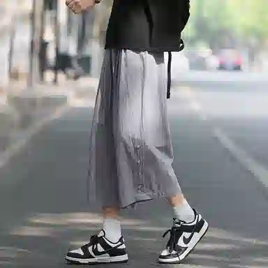 顶峰保罗 新中式纯棉薄款宽松阔腿国潮无性别主义纯色潮牌盘扣七分裤弹力抽绳显高直筒大码休闲短裤 男女同款