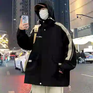 顶峰保罗 美式条纹拼接撞色拉链休闲工装长袖连帽上衣无性别主义直筒宽松加肥加大简约百搭潮牌高街夹克外套 男女同款