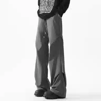 顶峰保罗 美式冰丝褶皱工装直筒无性别主义户外登山骑行运动健身阔腿伞兵解构设计长裤弹力抽绳显高百搭宽松大码高街潮牌休闲裤 男女同款