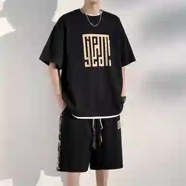 顶峰保罗 新中式国潮冰丝健身篮球圆领短袖短裤一整套无性别主义弹力松紧腰显高宽松加肥加大舒适百搭休闲运动套装 男女同款