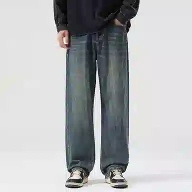 顶峰保罗 美式潮牌阔腿无性别主义直筒休闲复古高街水洗做旧运动长裤弹力显高显瘦宽松大码简约百搭加绒加厚垂感牛仔裤 男女同款
