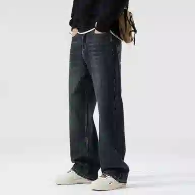 顶峰保罗 美式潮牌阔腿无性别主义直筒休闲复古高街水洗做旧运动长裤弹力显高显瘦宽松大码简约百搭加绒加厚垂感牛仔裤 男女同款