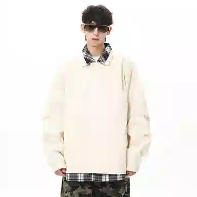 顶峰保罗 美式假两件格纹拼接翻领长袖外套无性别主义休闲复古潮牌宽松大码上衣简约百搭显高显瘦夹克 男女同款