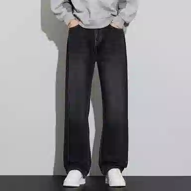 顶峰保罗 美式潮牌直筒阔腿无性别主义休闲复古高街水洗做旧运动长裤弹力显高显瘦宽松大码简约百搭加绒加厚垂感牛仔裤 男女同款