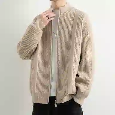 顶峰保罗 日系慵懒风潮牌立领双拉链开衫外套高街百搭无性别主义宽松大码休闲运动纯色上衣显高显瘦轻熟风毛衣 男女同款