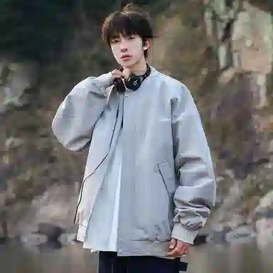 顶峰保罗 美式飞行纯色棒球领无性别主义直筒上衣外套宽松大码休闲百搭潮牌简约时尚痞帅长袖夹克 男女同款