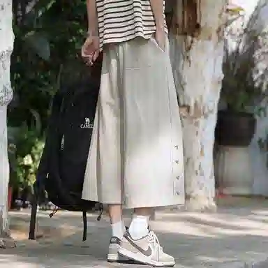 顶峰保罗 新中式纯棉薄款宽松阔腿国潮无性别主义纯色潮牌盘扣七分裤弹力抽绳显高直筒大码休闲短裤 男女同款