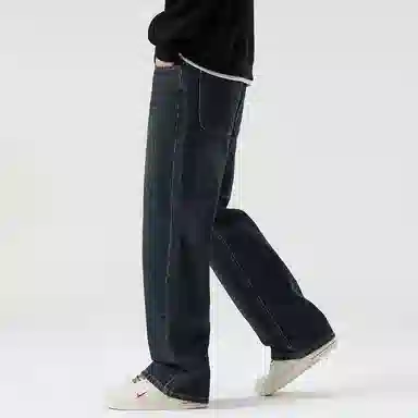 顶峰保罗 美式潮牌阔腿无性别主义直筒休闲复古高街水洗做旧运动长裤弹力显高显瘦宽松大码简约百搭加绒加厚垂感牛仔裤 男女同款