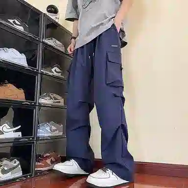 顶峰保罗 冰丝速干褶皱工装无性别主义长裤松紧腰弹力显高显瘦宽松大码透气百搭简约大口袋休闲裤 男女同款