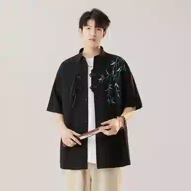 顶峰保罗 新中式竹子盘扣薄款国风宽松百搭无性别主义垂感休闲复古肌理感刺绣痞帅潮牌透气短袖衬衫 男女同款