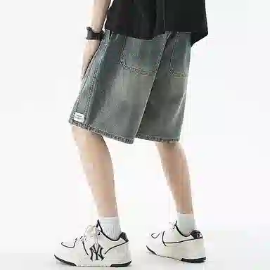 顶峰保罗 无性别主义潮牌宽松水洗做旧中裤美式高街直筒五分裤潮流时尚百搭运动系带高级感牛仔短裤 男女同款