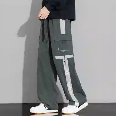 顶峰保罗 美式潮牌条纹拼接工装大口袋伞兵裤无性别主义宽松加肥加大直筒运动长裤简约百搭弹力抽绳显高显瘦高街阔腿垂感休闲裤 男女同款