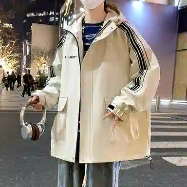 顶峰保罗 美式条纹拼接撞色拉链休闲工装长袖连帽上衣无性别主义直筒宽松加肥加大简约百搭潮牌高街夹克外套 男女同款