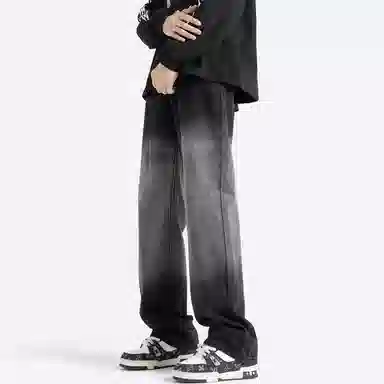 顶峰保罗 美式高街复古渐变宽松直筒休闲长裤无性别主义潮流百搭水洗做旧痞帅牛仔裤 男女同款