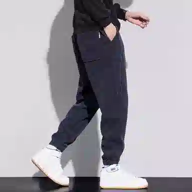 顶峰保罗 美式重磅加绒加厚潮牌弹力抽绳显高显瘦束脚哈伦卫裤无性别主义宽松大码运动长裤简约百搭高街休闲裤 男女同款