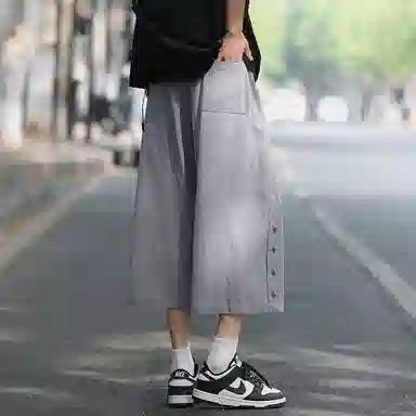 顶峰保罗 新中式纯棉薄款宽松阔腿国潮无性别主义纯色潮牌盘扣七分裤弹力抽绳显高直筒大码休闲短裤 男女同款