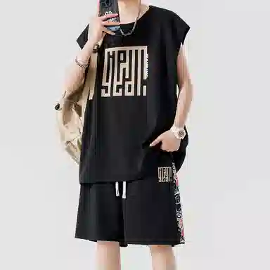 顶峰保罗 新中式印花背心短裤搭配一套宽松潮流时尚休闲运动套装 男女同款