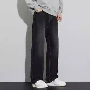 顶峰保罗 美式潮牌直筒阔腿无性别主义休闲复古高街水洗做旧运动长裤弹力显高显瘦宽松大码简约百搭加绒加厚垂感牛仔裤 男女同款