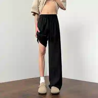 顶峰保罗 美式复古潮牌凉感舒适薄款直筒长裤竖条纹理感宽松小众百搭显瘦拖地阔腿休闲裤 男女同款