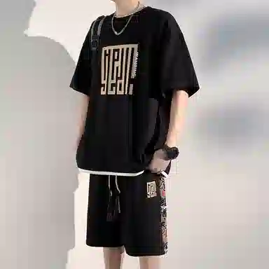 顶峰保罗 新中式国潮冰丝健身篮球圆领短袖短裤一整套无性别主义弹力松紧腰显高宽松加肥加大舒适百搭休闲运动套装 男女同款