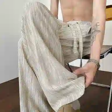 顶峰保罗 美式复古潮牌凉感舒适薄款直筒长裤竖条纹理感宽松小众百搭显瘦拖地阔腿休闲裤 男女同款