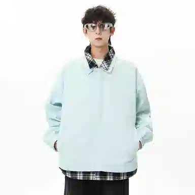 顶峰保罗 美式假两件格纹拼接翻领长袖外套无性别主义休闲复古潮牌宽松大码上衣简约百搭显高显瘦夹克 男女同款