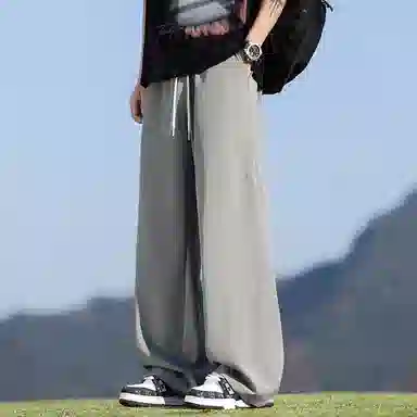 顶峰保罗 冰丝网眼透气纯色薄款无性别主义垂感阔腿长裤弹力户外健身运动百搭抽绳显高直筒宽松休闲裤 男女同款