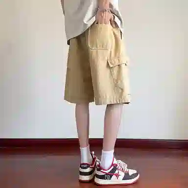 顶峰保罗 美式纯棉机能潮牌宽松百搭简约五分裤薄款透气无性别主义松紧腰直筒运动多口袋工装痞帅休闲短裤 男女同款