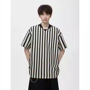 顶峰保罗 竖条纹拼接撞色复古打底衫上衣日系潮牌宽松小众百搭凉感薄款舒适翻领短袖衬衫 男女同款