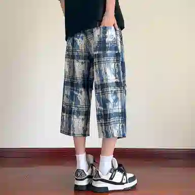 顶峰保罗 扎染格子迷彩七分裤子冰丝薄款运动时尚百搭设计感无性别主义直筒过膝加肥加大码休闲短裤 男女同款