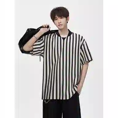 顶峰保罗 竖条纹拼接撞色复古打底衫上衣日系潮牌宽松小众百搭凉感薄款舒适翻领短袖衬衫 男女同款