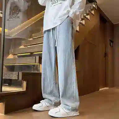 顶峰保罗 美式潮牌复古宽松直筒阔腿薄款水洗做旧休闲透气高街百搭牛仔裤 男女同款