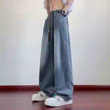 顶峰保罗 撞色抽绳凉感透气美式弯刀直筒长裤复古潮流情侣薄款宽松休闲小众百搭大码阔腿牛仔裤 男女同款