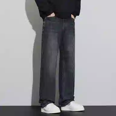 顶峰保罗 美式潮牌直筒阔腿无性别主义休闲复古高街水洗做旧运动长裤弹力显高显瘦宽松大码简约百搭加绒加厚垂感牛仔裤 男女同款