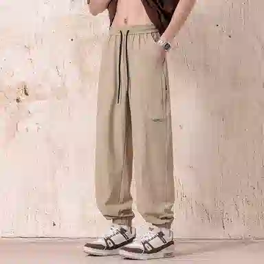 顶峰保罗 冰丝网孔潮牌薄款垂感无性别主义束脚长裤时尚百搭设计感直筒宽松运动抽绳大码休闲裤 男女同款