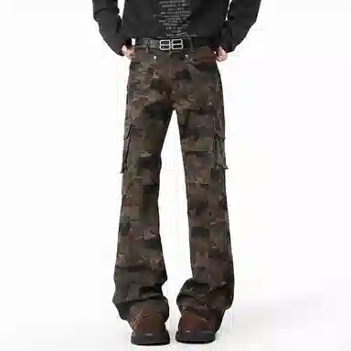 顶峰保罗 美式复古迷彩多口袋工装无性别主义微喇阔腿街头低腰高街伐木弹力长裤宽松百搭嘻哈休闲裤 男女同款