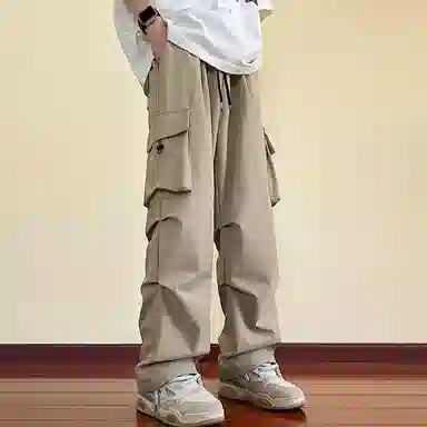 顶峰保罗 冰丝速干褶皱工装无性别主义长裤松紧腰弹力显高显瘦宽松大码透气百搭简约大口袋休闲裤 男女同款