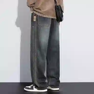 顶峰保罗 美式复古高街水洗做旧星空纹阔腿无性别主义直筒休闲运动潮牌长裤弹力显高显瘦宽松大码简约百搭加绒加厚垂感牛仔裤 男女同款