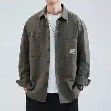 顶峰保罗 美式复古工装长袖衬衫无性别主义宽松百搭翻领开衫单排扣纯棉上衣休闲时尚潮牌夹克 男女同款