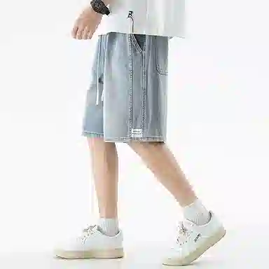 顶峰保罗 无性别主义潮牌宽松水洗做旧中裤美式高街直筒五分裤潮流时尚百搭运动系带高级感牛仔短裤 男女同款