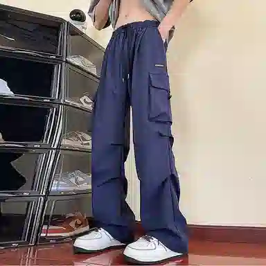 顶峰保罗 冰丝速干褶皱工装无性别主义长裤松紧腰弹力显高显瘦宽松大码透气百搭简约大口袋休闲裤 男女同款