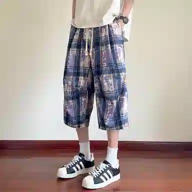 顶峰保罗 扎染格子迷彩七分裤子冰丝薄款运动时尚百搭设计感无性别主义直筒过膝加肥加大码休闲短裤 男女同款