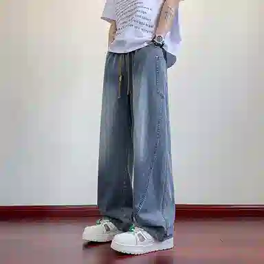 顶峰保罗 撞色抽绳凉感透气美式弯刀直筒长裤复古潮流情侣薄款宽松休闲小众百搭大码阔腿牛仔裤 男女同款