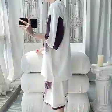 顶峰保罗 冰丝圆领字母印花百搭宽松潮牌学院风无性别主义休闲运动套装 男女同款