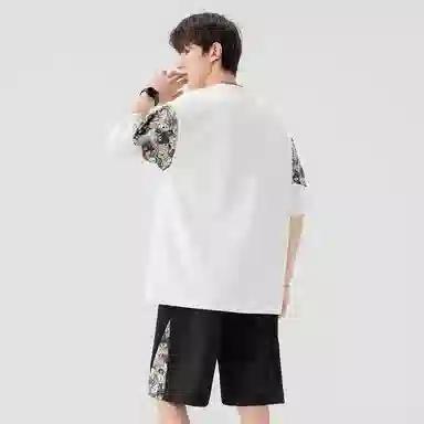 顶峰保罗 冰丝薄款圆领刺绣拼接短袖舒适潮流短裤一整套搭配无性别主义松紧腰弹力凉感透气百搭宽松时尚健身跑步速干休闲运动套装 男女同款