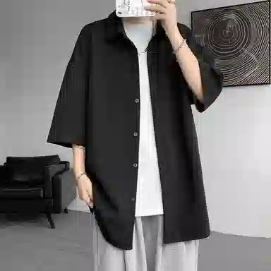 顶峰保罗 无性别主义痞帅潮牌薄款凉感亲肤透气宽松半袖休闲衬衣时尚百搭外套高级感短袖衬衫 男女同款